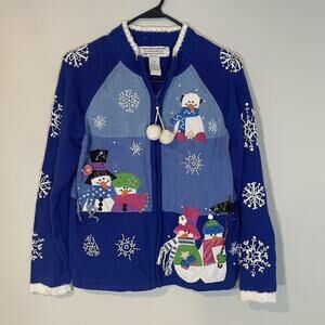 Tiara International Sweater Womens Petite M Blue Christmas Snowman Zip‎ Cardigan